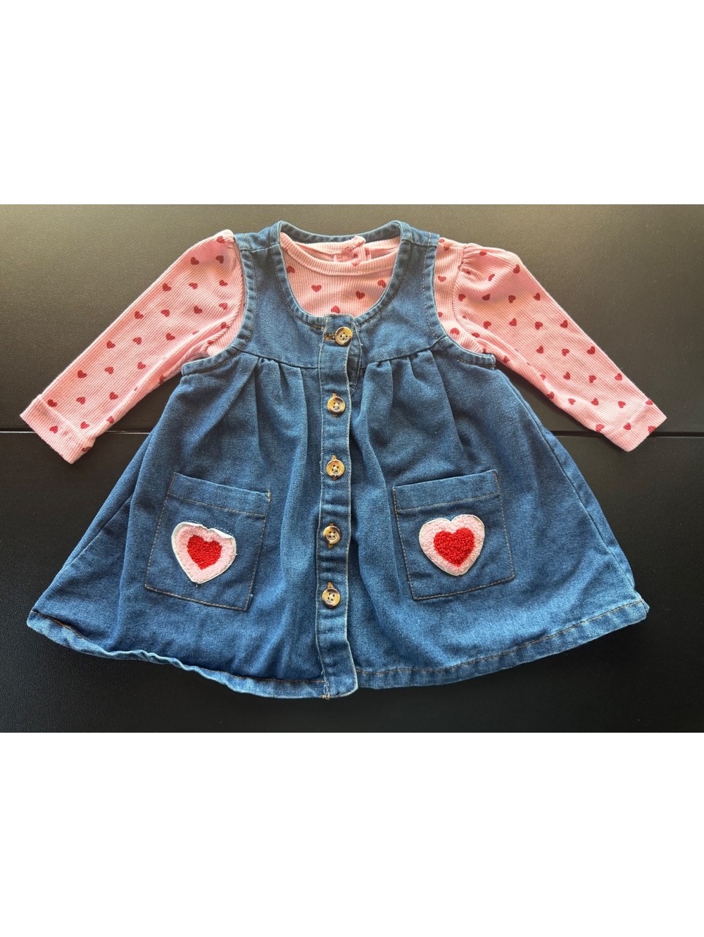Nannette Baby Girls 6-9M Denim Jumper Dress Heart Bodysuit 2 Piece Valentine
